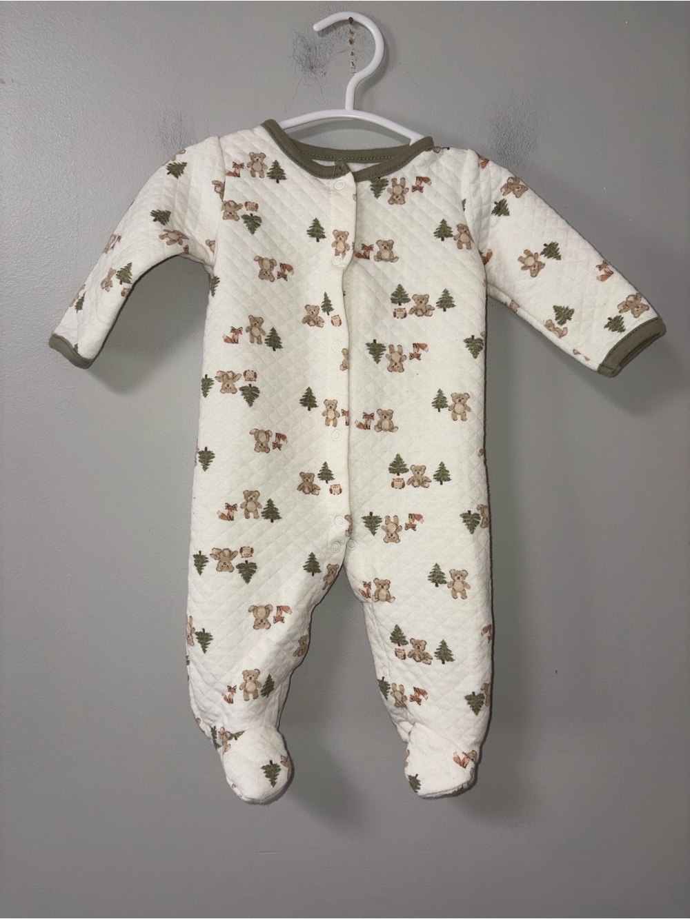 Chick Pea Cream Olive Trim Quilted Snap Footie Bears Trees Print Baby Boys 0-3 M
